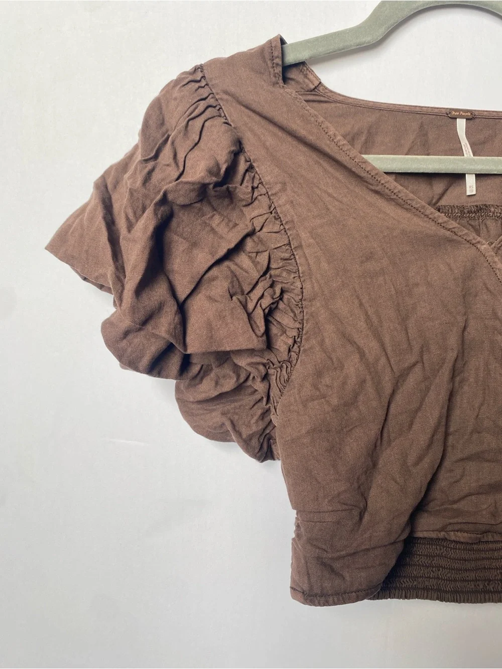 Free People Brown Puff-Sleeve Cropped Wrap Top XS NWT